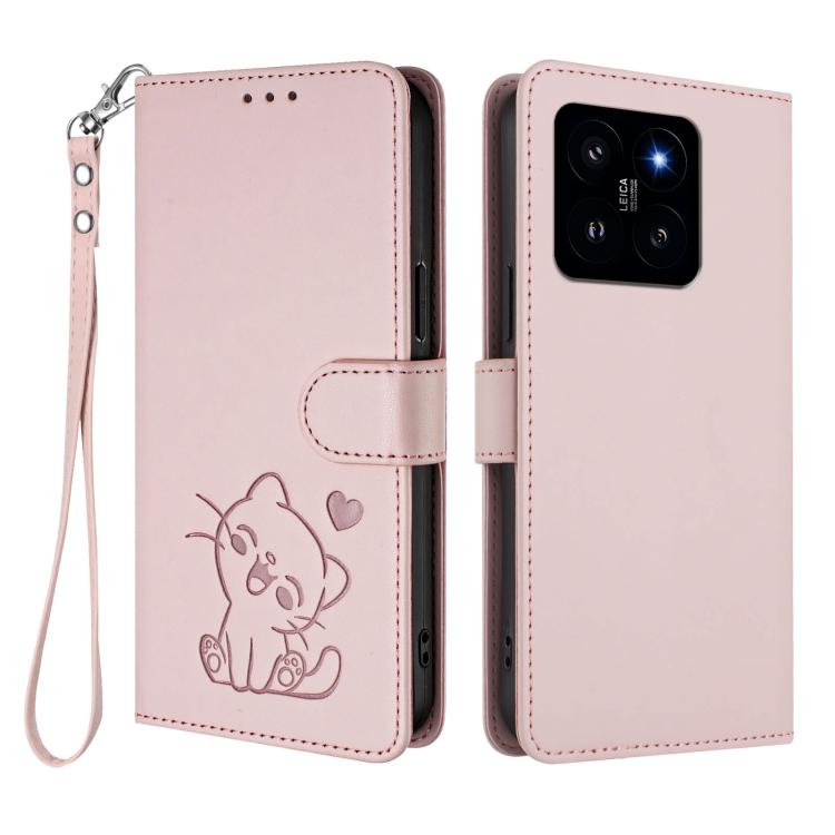 For Xiaomi 14 5G Embossed Heart Cat Leather Phone Case with Hand Strap