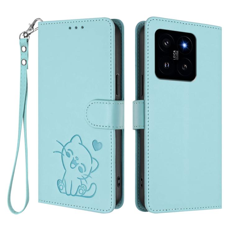 For Xiaomi 14 5G Embossed Heart Cat Leather Phone Case with Hand Strap