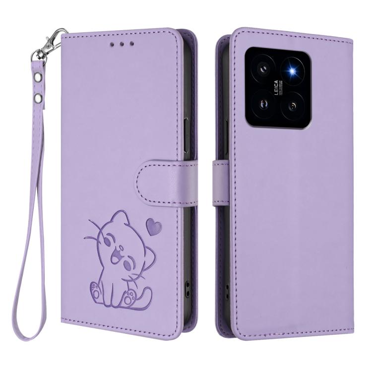 For Xiaomi 14 5G Embossed Heart Cat Leather Phone Case with Hand Strap