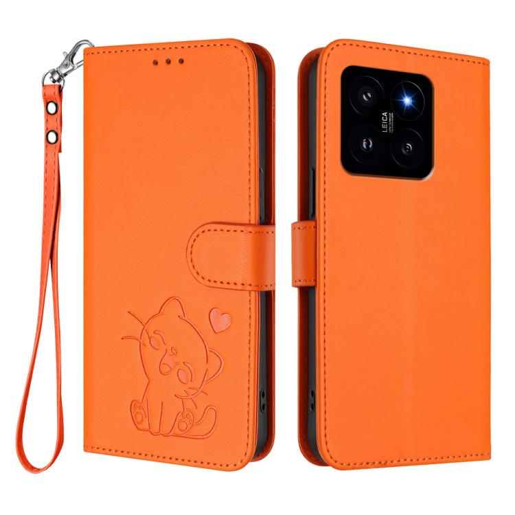 For Xiaomi 14 5G Embossed Heart Cat Leather Phone Case with Hand Strap