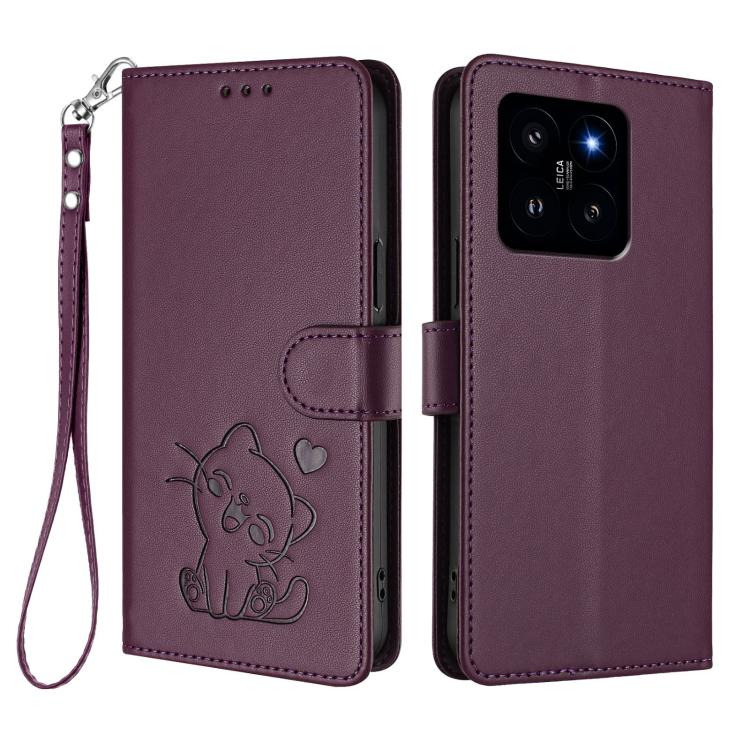 For Xiaomi 14 5G Embossed Heart Cat Leather Phone Case with Hand Strap