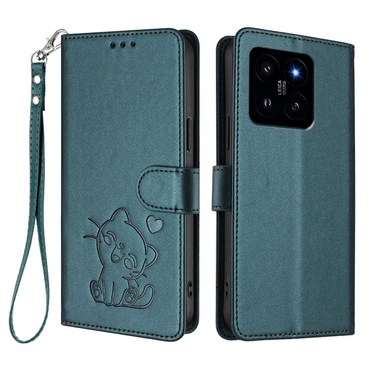 For Xiaomi 14 5G Embossed Heart Cat Leather Phone Case with Hand Strap