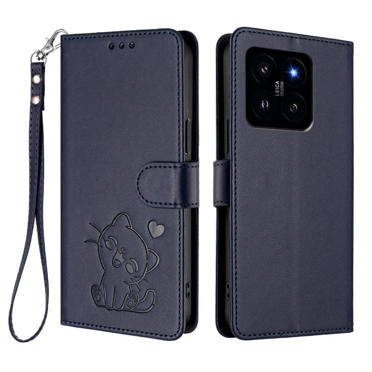 For Xiaomi 14 5G Embossed Heart Cat Leather Phone Case with Hand Strap
