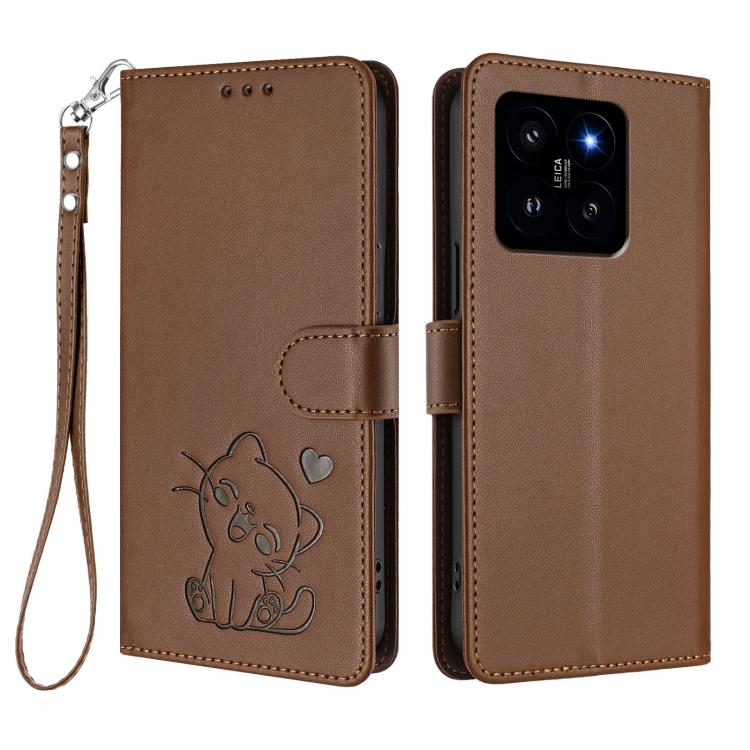 For Xiaomi 14 5G Embossed Heart Cat Leather Phone Case with Hand Strap