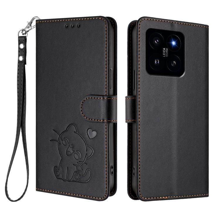 For Xiaomi 14 5G Embossed Heart Cat Leather Phone Case with Hand Strap