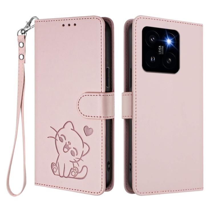 For Xiaomi 14 Pro 5G Embossed Heart Cat Leather Phone Case with Hand Strap