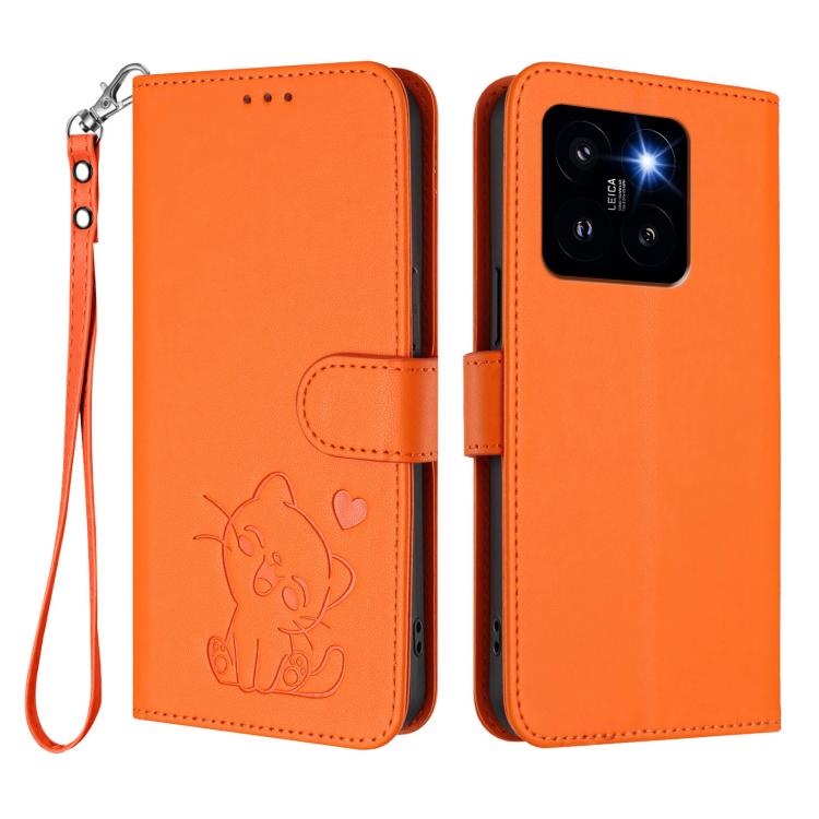 For Xiaomi 14 Pro 5G Embossed Heart Cat Leather Phone Case with Hand Strap