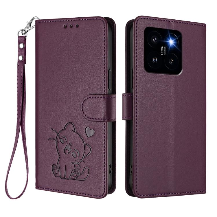For Xiaomi 14 Pro 5G Embossed Heart Cat Leather Phone Case with Hand Strap
