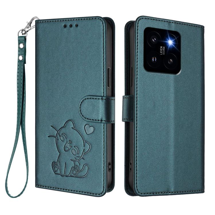 For Xiaomi 14 Pro 5G Embossed Heart Cat Leather Phone Case with Hand Strap