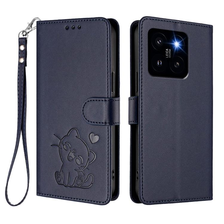 For Xiaomi 14 Pro 5G Embossed Heart Cat Leather Phone Case with Hand Strap