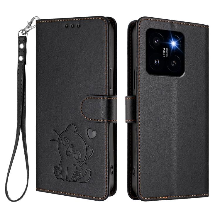 For Xiaomi 14 Pro 5G Embossed Heart Cat Leather Phone Case with Hand Strap