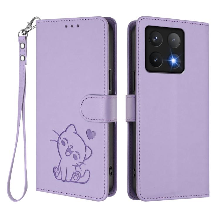 For Xiaomi 14T 5G Embossed Heart Cat Leather Phone Case with Hand Strap