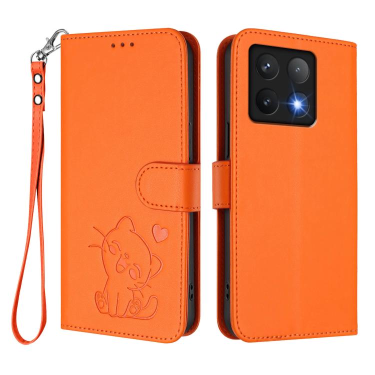 For Xiaomi 14T 5G Embossed Heart Cat Leather Phone Case with Hand Strap