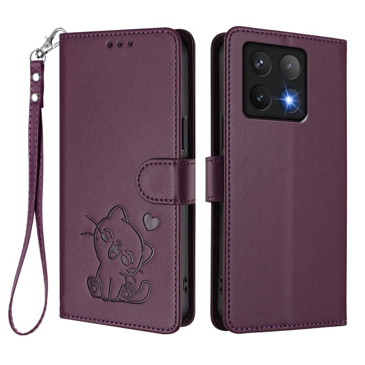For Xiaomi 14T 5G Embossed Heart Cat Leather Phone Case with Hand Strap