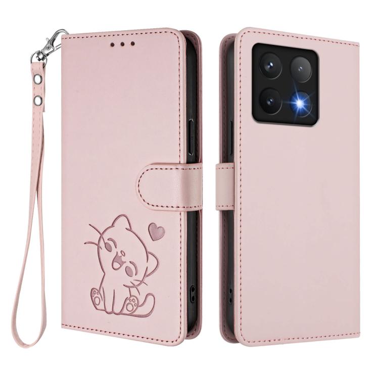 For Xiaomi 14T Pro 5G Embossed Heart Cat Leather Phone Case with Hand Strap