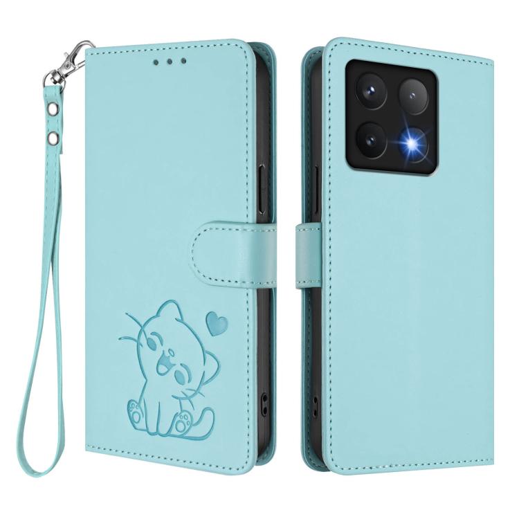 For Xiaomi 14T Pro 5G Embossed Heart Cat Leather Phone Case with Hand Strap