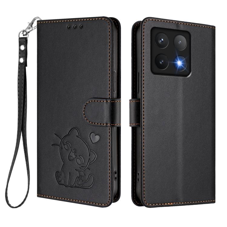 For Xiaomi 14T Pro 5G Embossed Heart Cat Leather Phone Case with Hand Strap