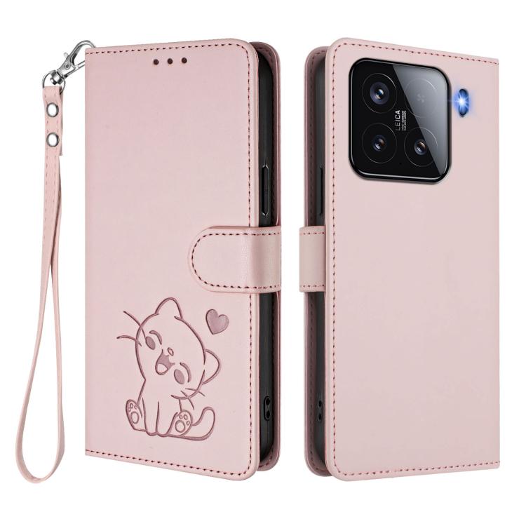 For Xiaomi 15 Embossed Heart Cat Leather Phone Case with Hand Strap