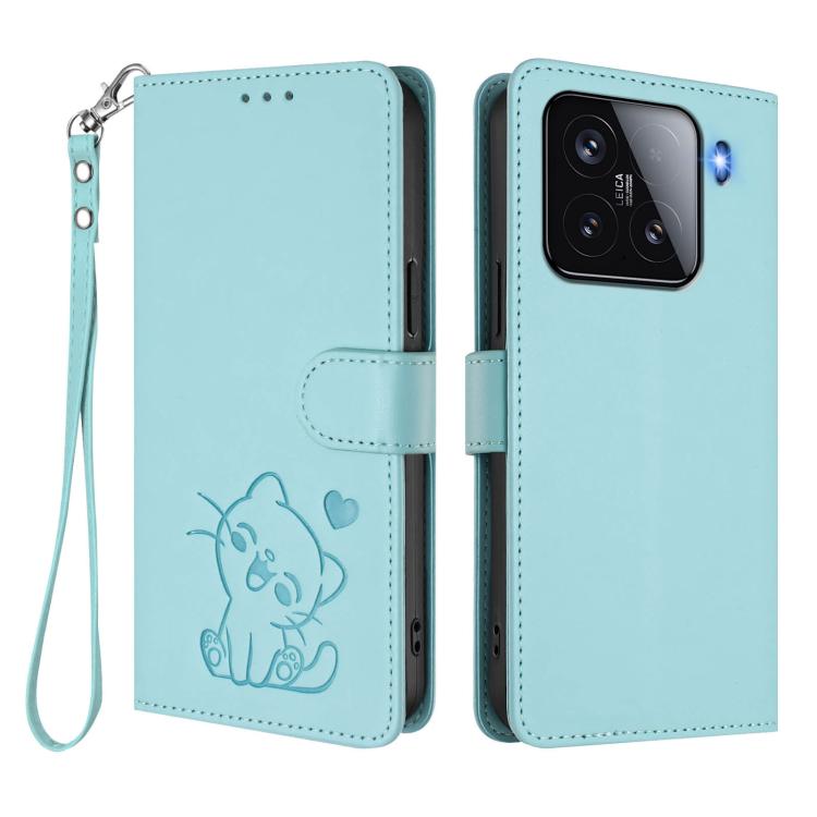 For Xiaomi 15 Embossed Heart Cat Leather Phone Case with Hand Strap