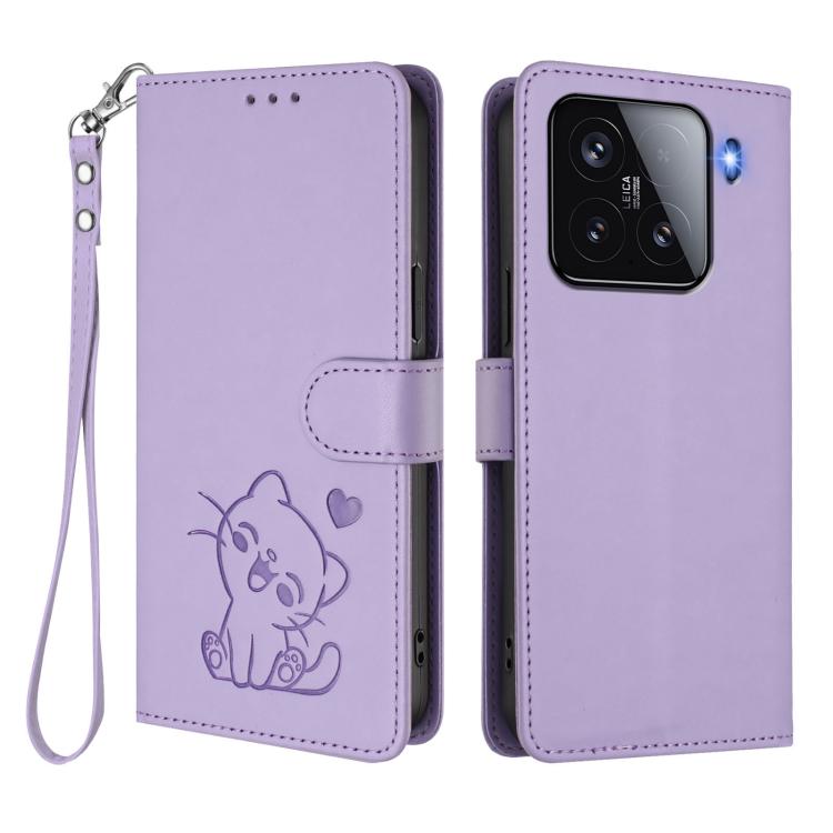 For Xiaomi 15 Embossed Heart Cat Leather Phone Case with Hand Strap