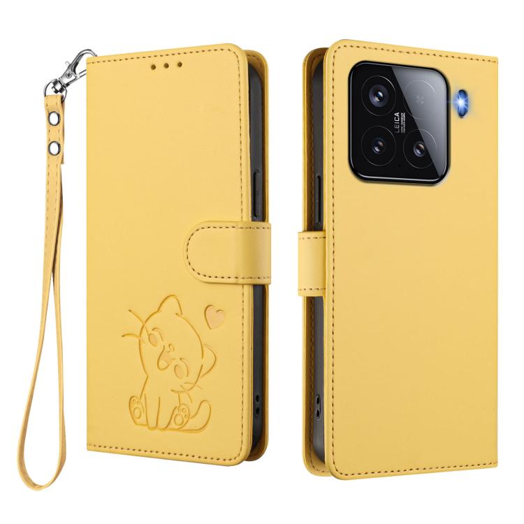 For Xiaomi 15 Embossed Heart Cat Leather Phone Case with Hand Strap
