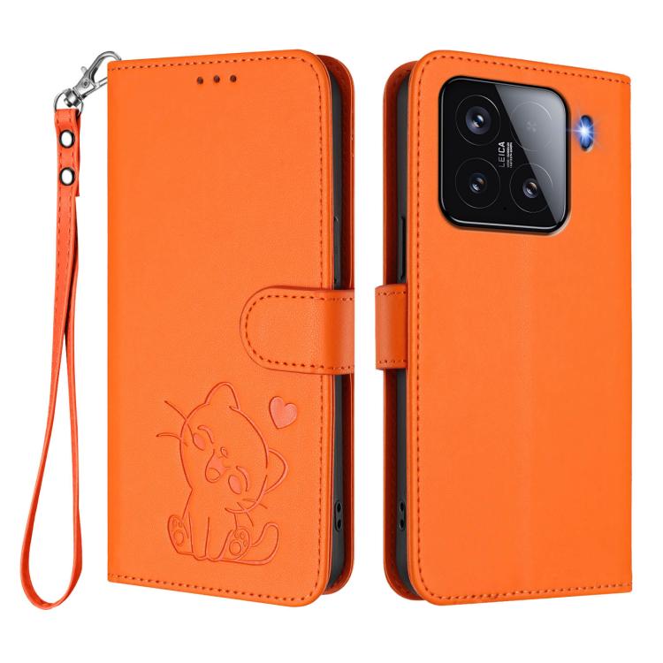 For Xiaomi 15 Embossed Heart Cat Leather Phone Case with Hand Strap