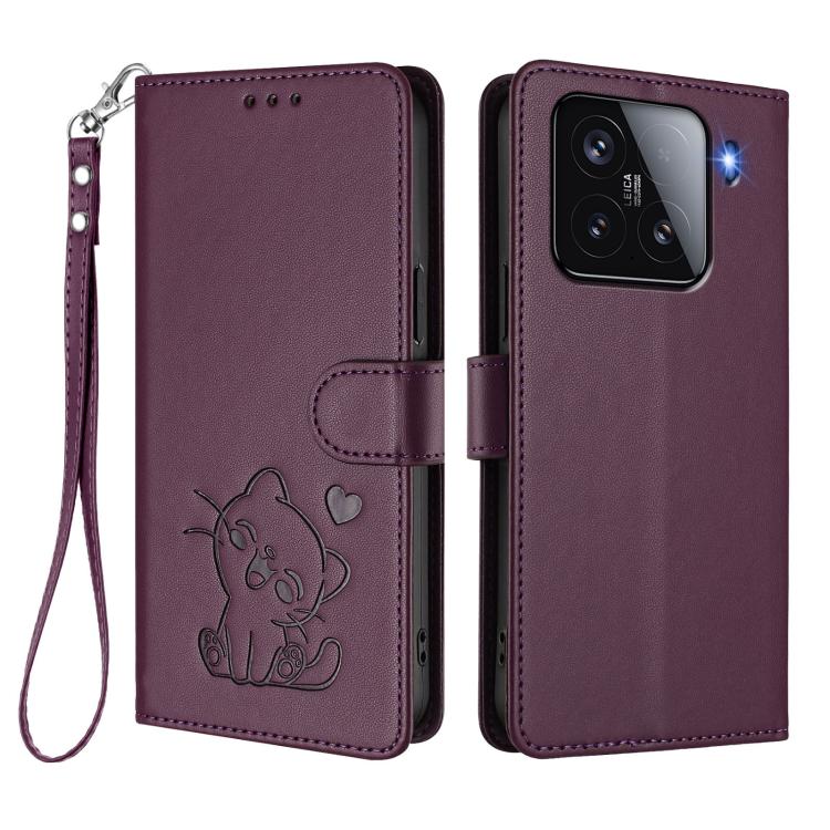 For Xiaomi 15 Embossed Heart Cat Leather Phone Case with Hand Strap