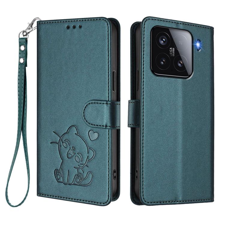 For Xiaomi 15 Embossed Heart Cat Leather Phone Case with Hand Strap