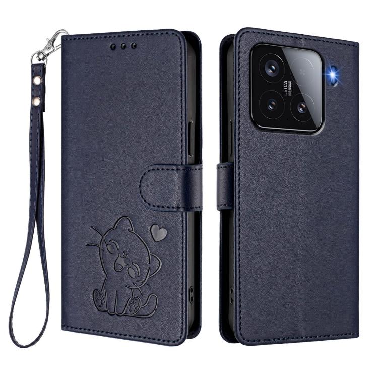 For Xiaomi 15 Embossed Heart Cat Leather Phone Case with Hand Strap