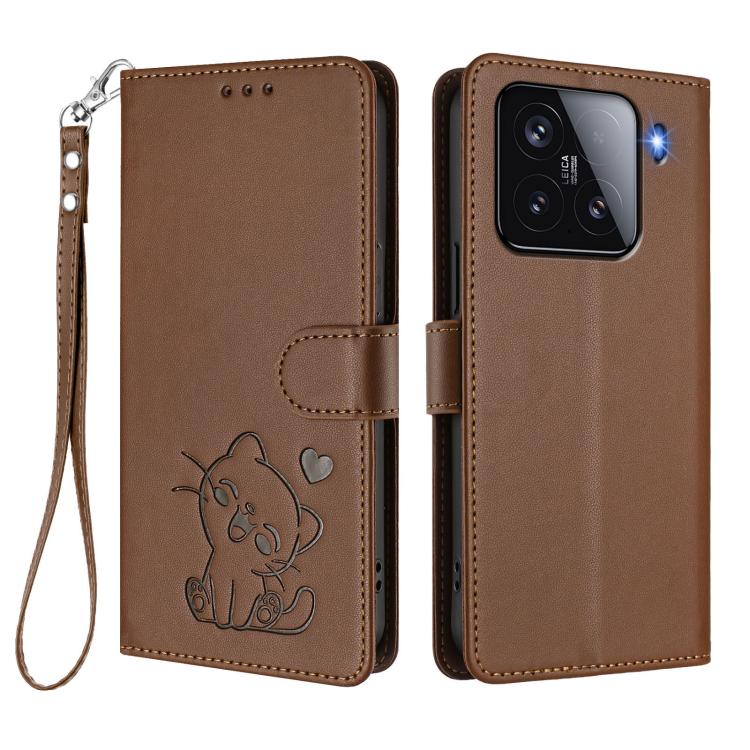 For Xiaomi 15 Embossed Heart Cat Leather Phone Case with Hand Strap