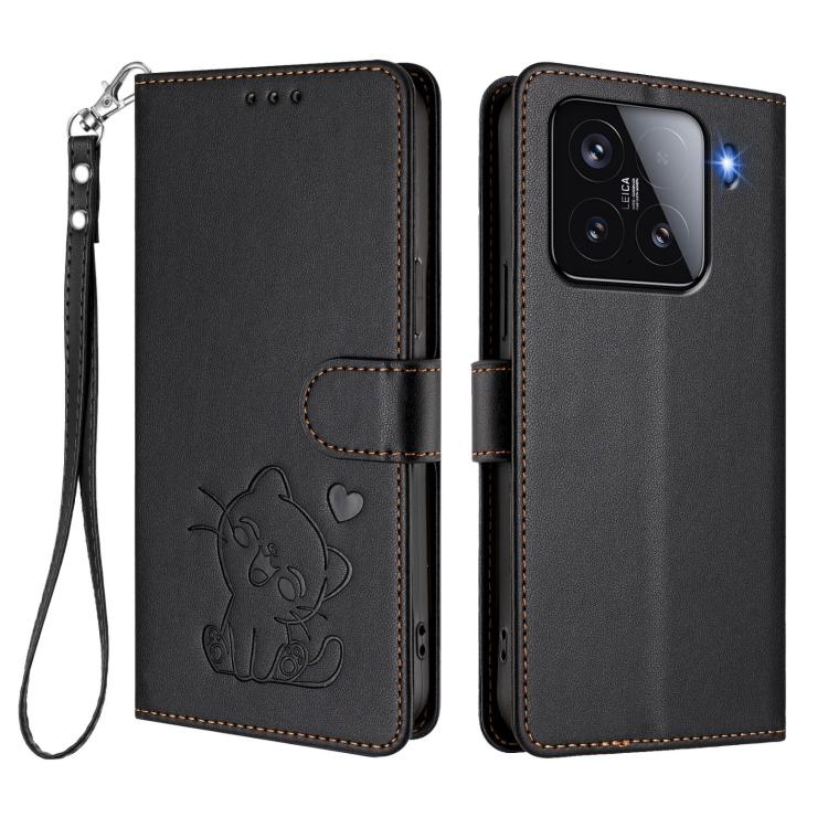 For Xiaomi 15 Embossed Heart Cat Leather Phone Case with Hand Strap