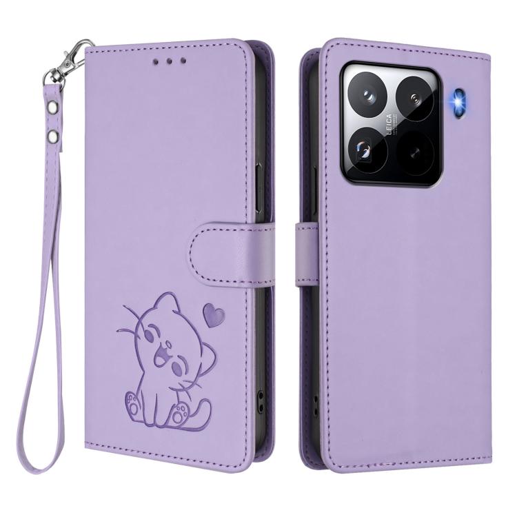 For Xiaomi 15 Pro Embossed Heart Cat Leather Phone Case with Hand Strap