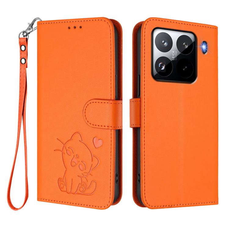 For Xiaomi 15 Pro Embossed Heart Cat Leather Phone Case with Hand Strap
