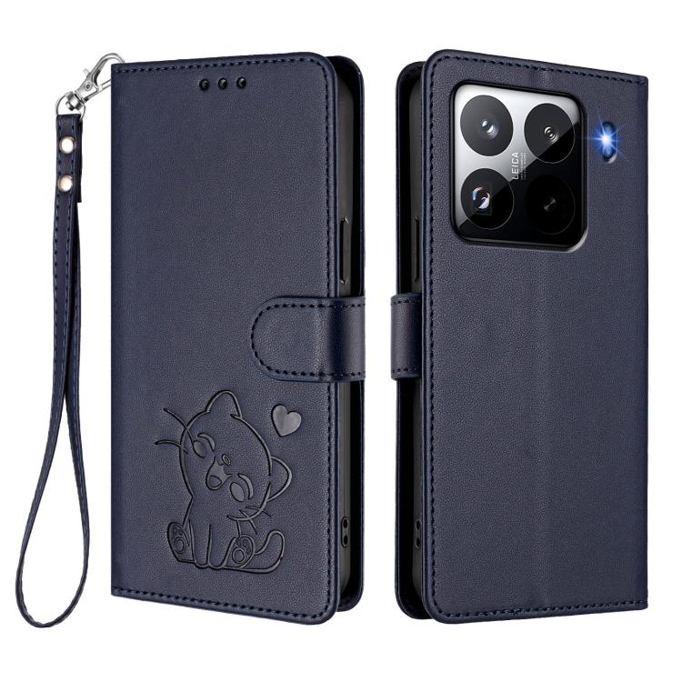 For Xiaomi 15 Pro Embossed Heart Cat Leather Phone Case with Hand Strap