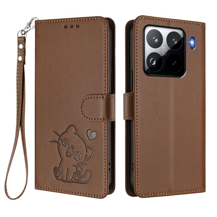 For Xiaomi 15 Pro Embossed Heart Cat Leather Phone Case with Hand Strap