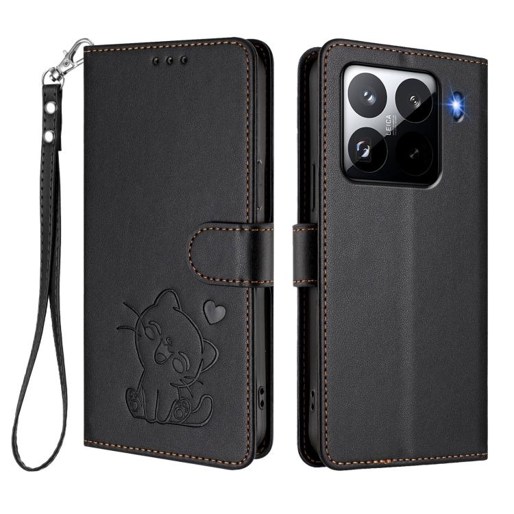 For Xiaomi 15 Pro Embossed Heart Cat Leather Phone Case with Hand Strap