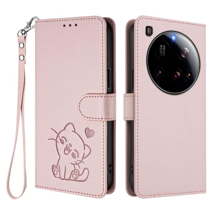 For Xiaomi 15 Ultra Embossed Heart Cat Leather Phone Case with Hand Strap
