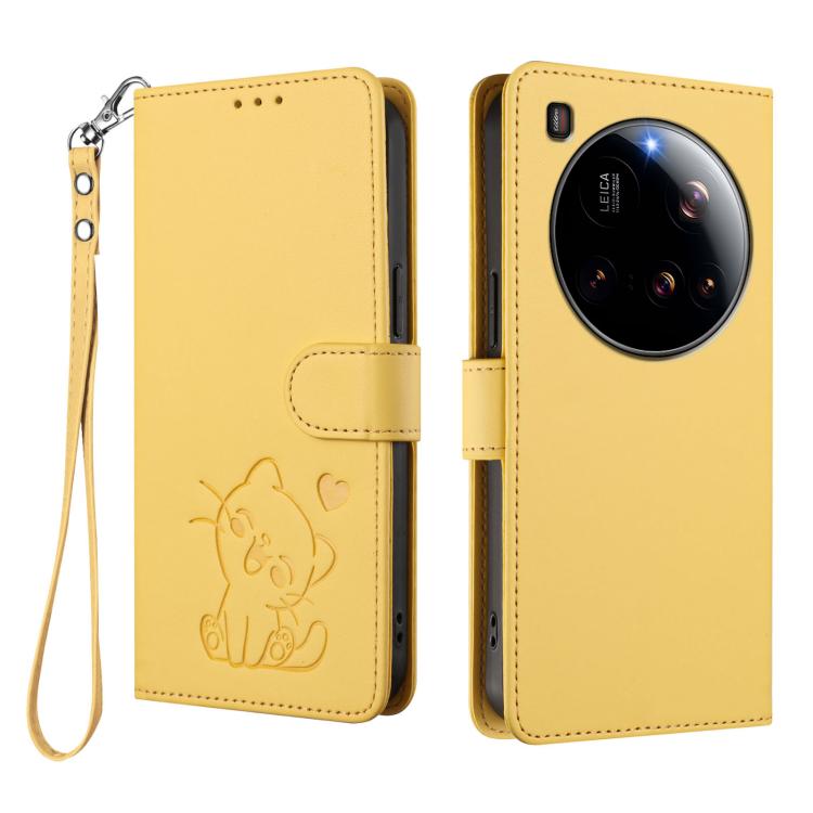 For Xiaomi 15 Ultra Embossed Heart Cat Leather Phone Case with Hand Strap