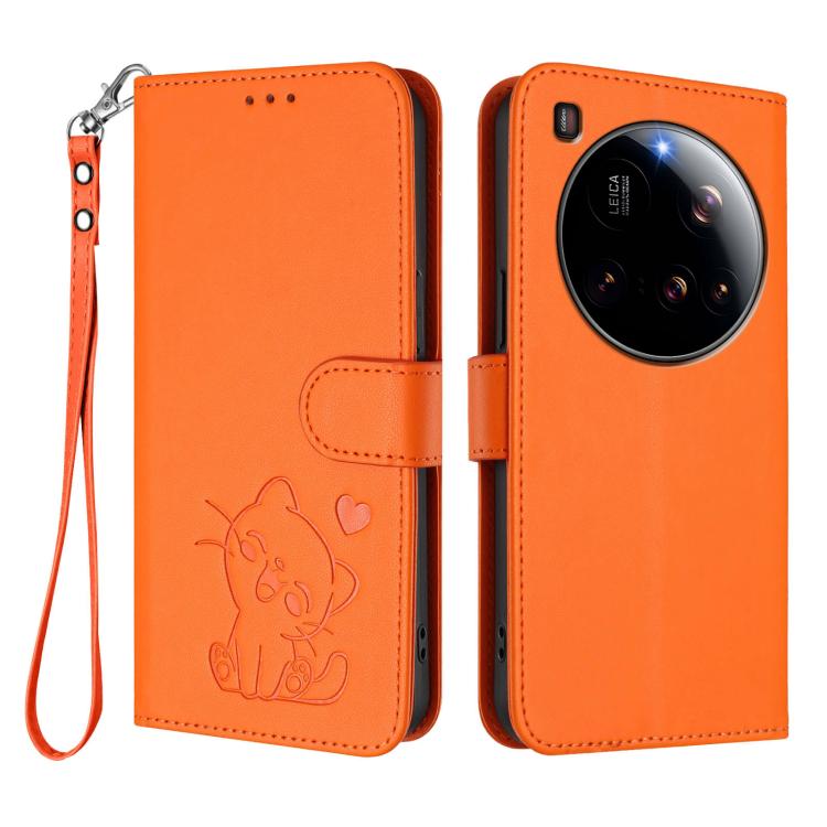 For Xiaomi 15 Ultra Embossed Heart Cat Leather Phone Case with Hand Strap