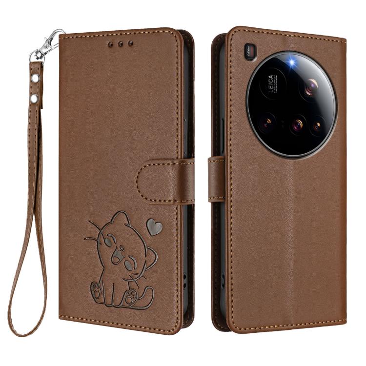 For Xiaomi 15 Ultra Embossed Heart Cat Leather Phone Case with Hand Strap