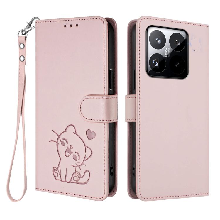For Xiaomi 15T 5G Embossed Heart Cat Leather Phone Case with Hand Strap