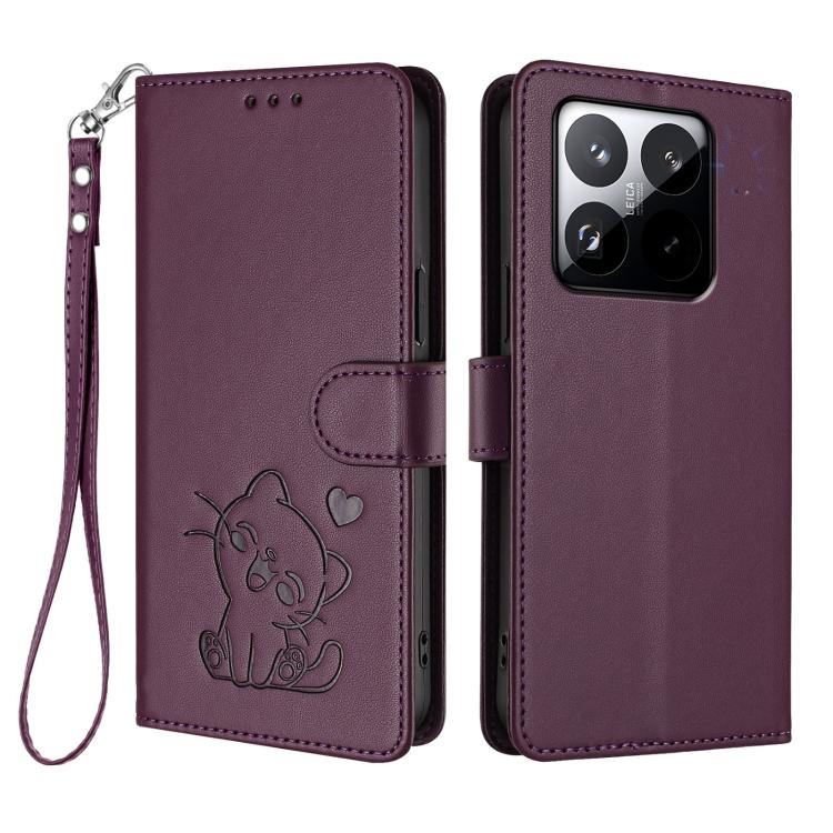 For Xiaomi 15T 5G Embossed Heart Cat Leather Phone Case with Hand Strap