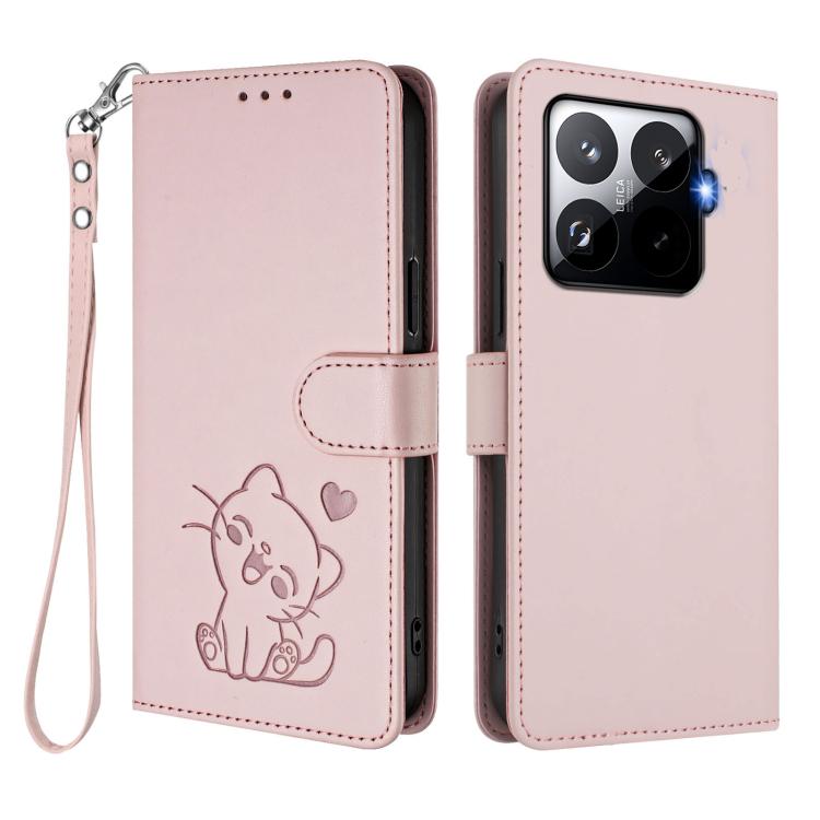 For Xiaomi 15T Pro 5G Embossed Heart Cat Leather Phone Case with Hand Strap