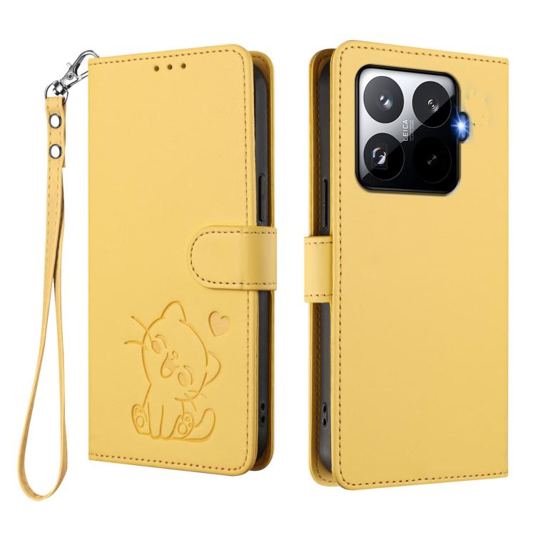 For Xiaomi 15T Pro 5G Embossed Heart Cat Leather Phone Case with Hand Strap