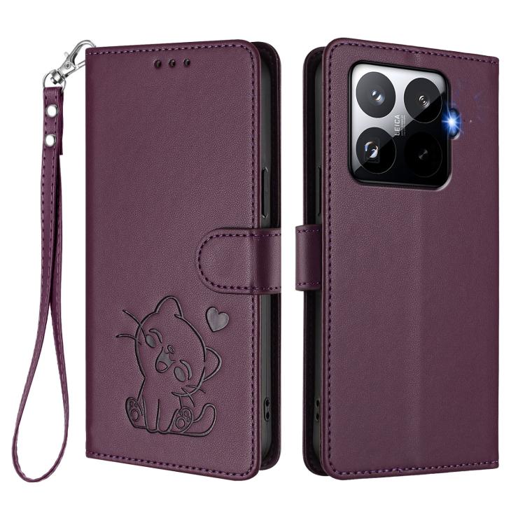 For Xiaomi 15T Pro 5G Embossed Heart Cat Leather Phone Case with Hand Strap
