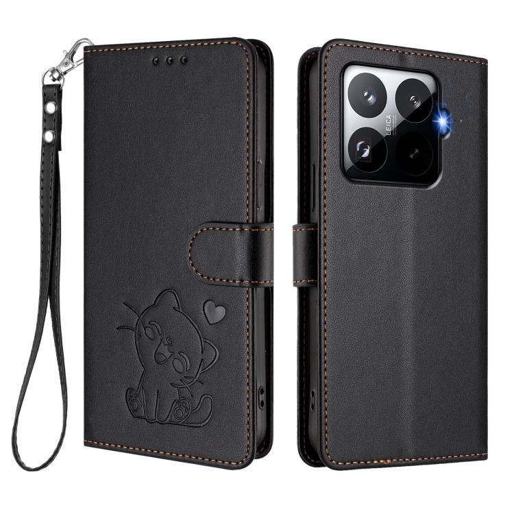 For Xiaomi 15T Pro 5G Embossed Heart Cat Leather Phone Case with Hand Strap
