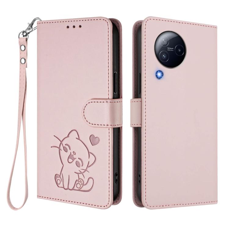 For Xiaomi Civi 3 5G Embossed Heart Cat Leather Phone Case with Hand Strap