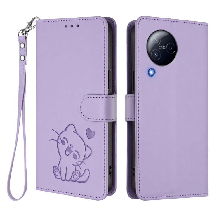 For Xiaomi Civi 3 5G Embossed Heart Cat Leather Phone Case with Hand Strap