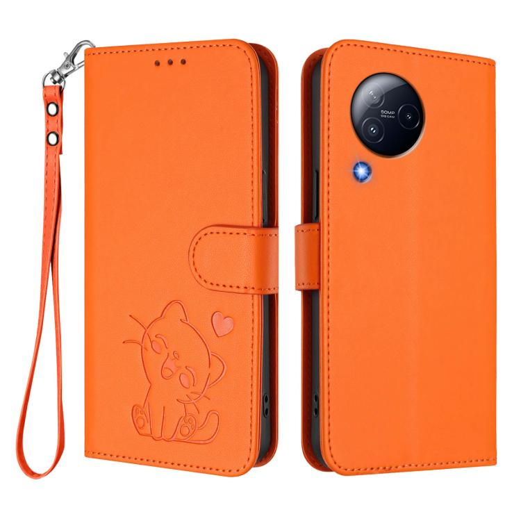 For Xiaomi Civi 3 5G Embossed Heart Cat Leather Phone Case with Hand Strap