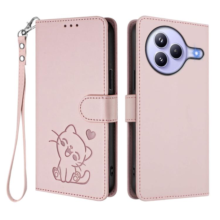 For Xiaomi Civi 5 Pro 5G Embossed Heart Cat Leather Phone Case with Hand Strap